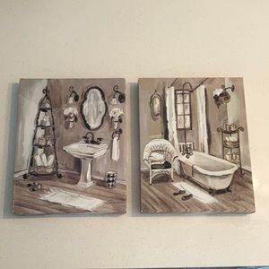 Set of two textured canvas paintings of vintage bathroom